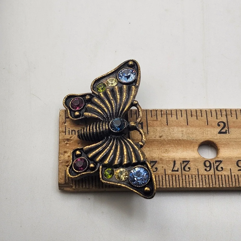 1928 Butterfly Brooch Pin with Rhinestones‎ Bronze Tone Colorful Accent Jewelry